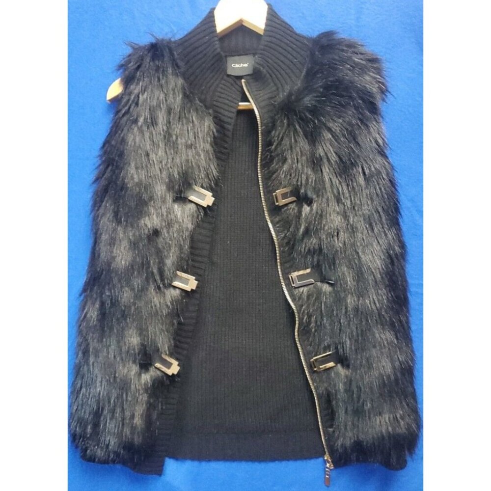 Cliche Black Faux Fur Wool Knit Sweater Vest Size S